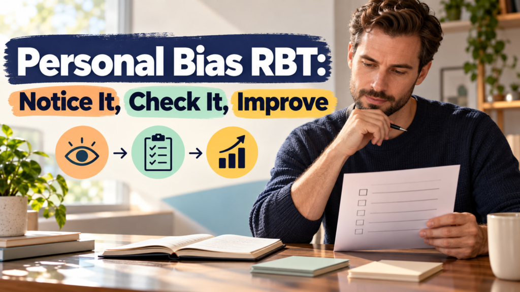 Personal bias RBT cover showing a white man reviewing a self-check worksheet at a learning desk