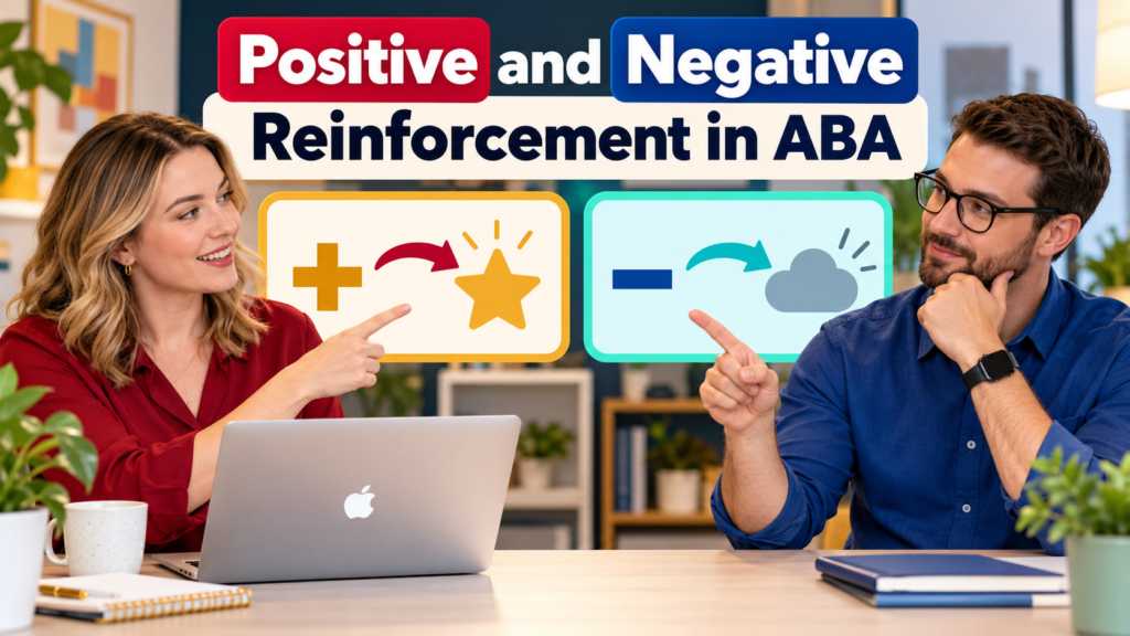 Positive and Negative Reinforcement in ABA cover showing a white adult woman and white adult man beside an Apple laptop