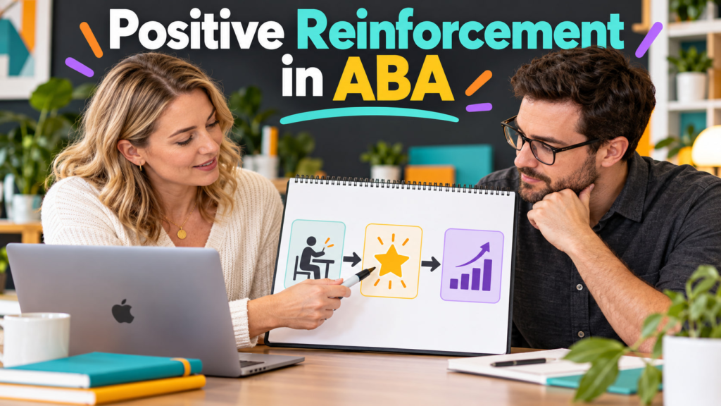 Positive Reinforcement in ABA cover showing a white adult woman and white adult man reviewing a behavior diagram beside an Ap