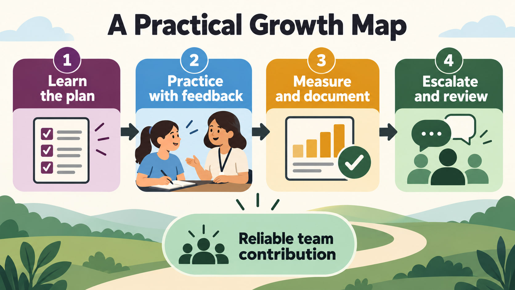 Advanced behavior technician practical growth map showing learning, practice, measurement, escalation, and review