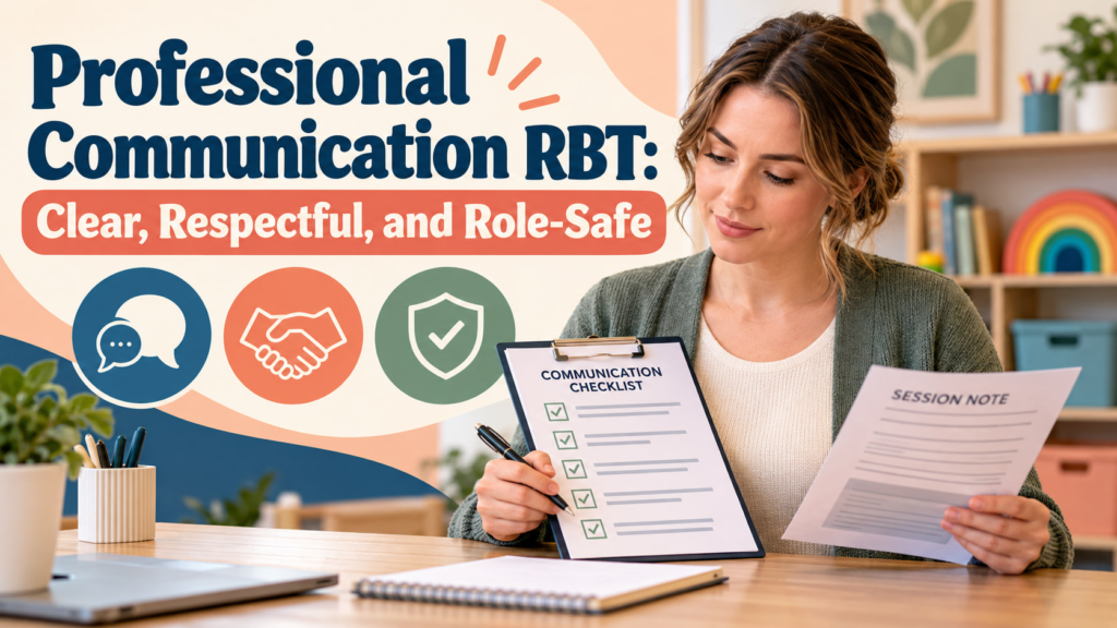 Professional communication RBT cover showing a white woman reviewing a communication checklist and session note