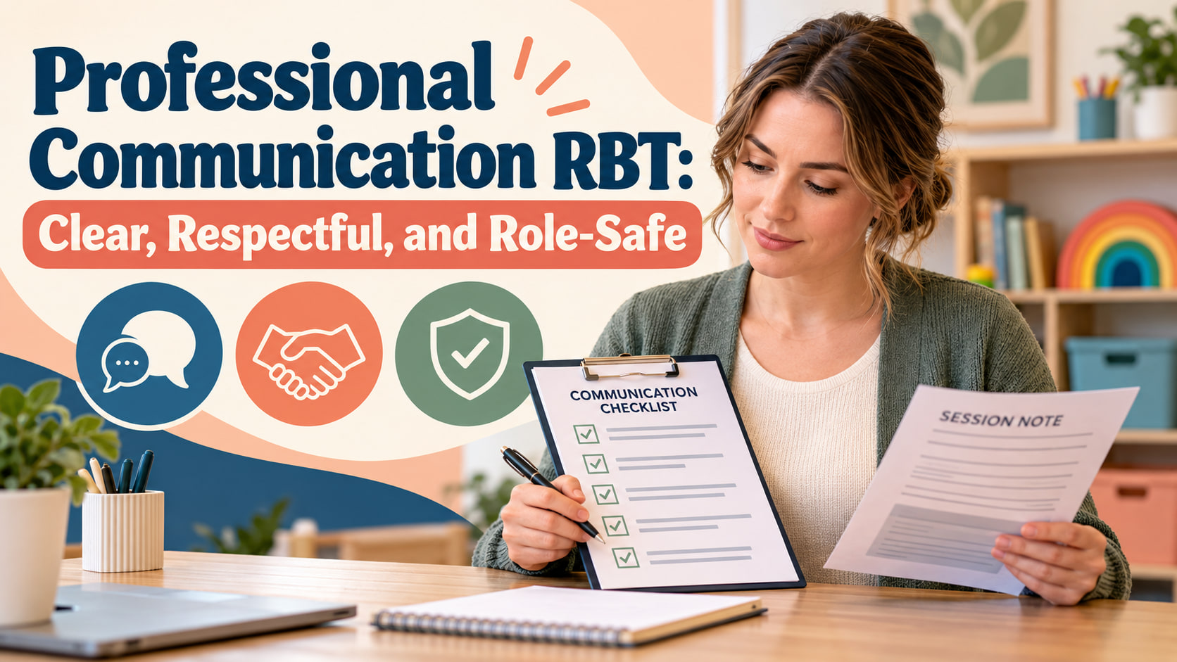 Professional communication RBT cover showing a white woman reviewing a communication checklist and session note