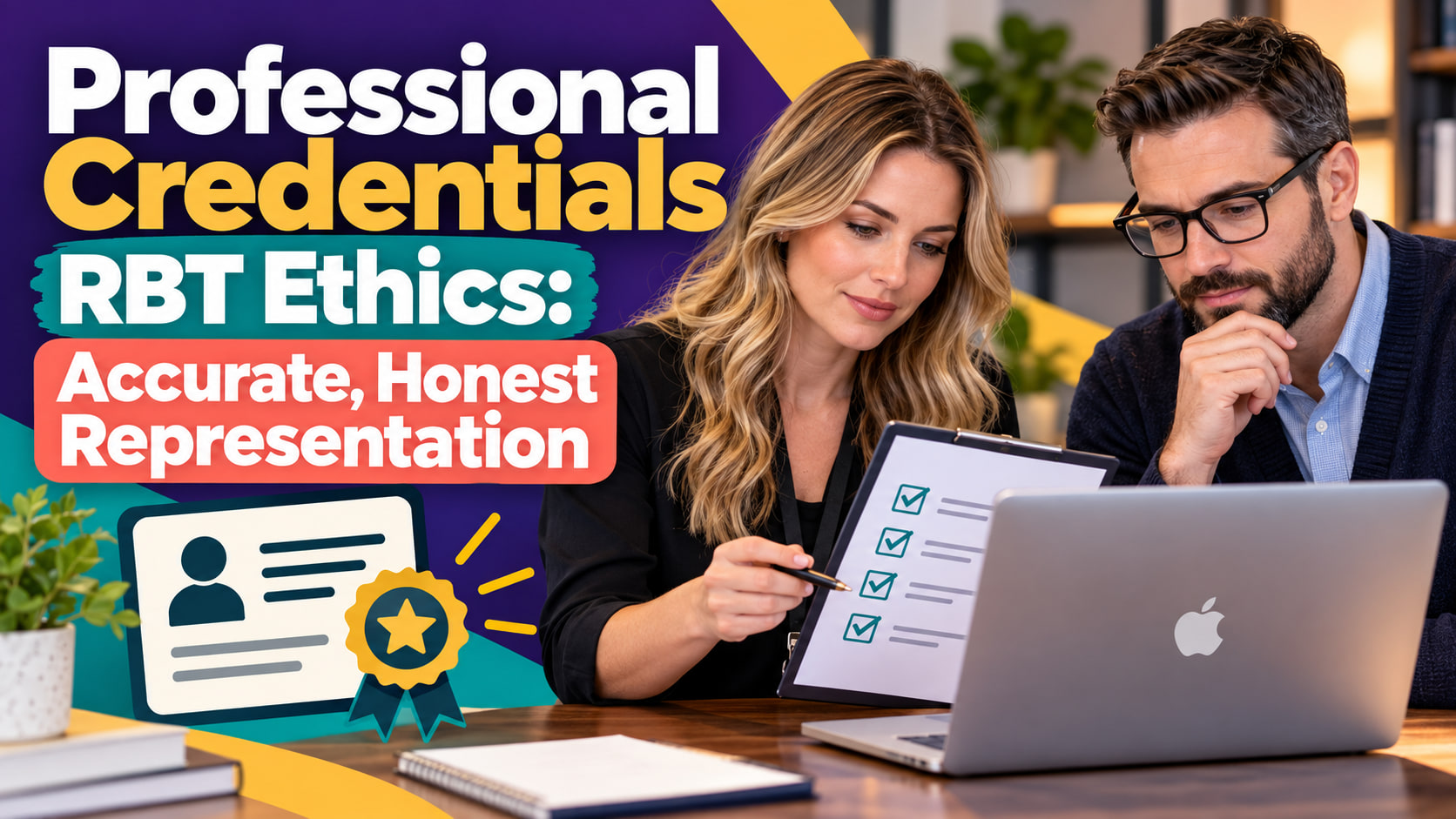 Professional credentials RBT ethics cover showing a white adult woman and white adult man reviewing a credentials checklist o
