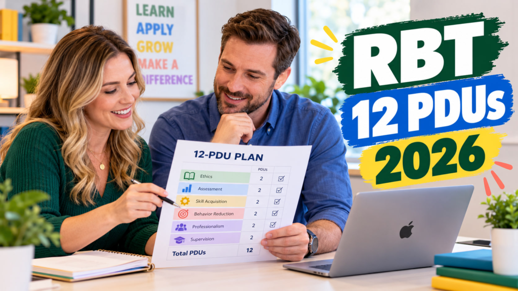 RBT 12 PDUs 2026 cover showing a white adult woman and white adult man reviewing a PDU plan beside an Apple laptop