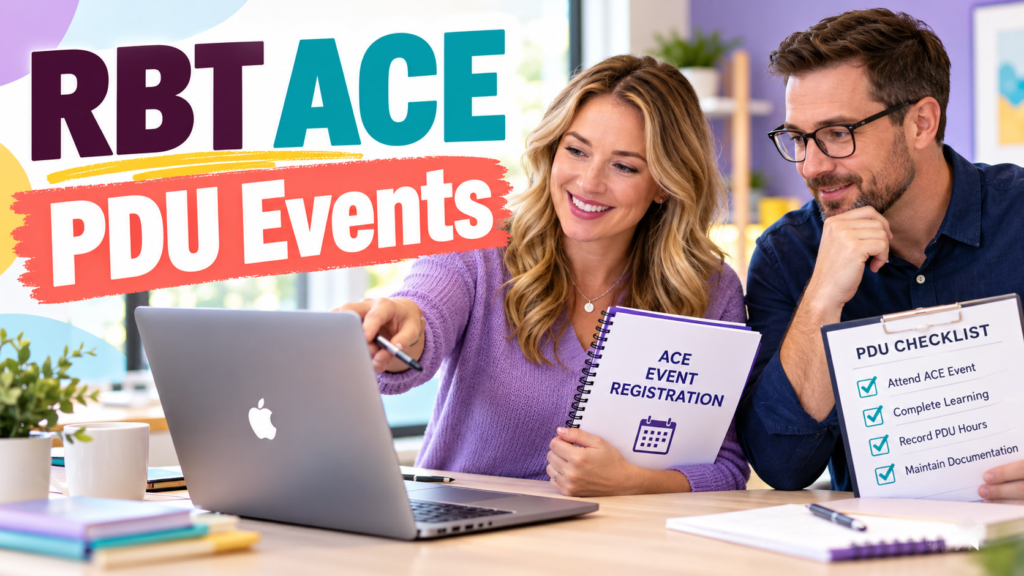 RBT ACE PDU Events cover showing a white adult woman and white adult man reviewing an ACE registration and PDU checklist besi