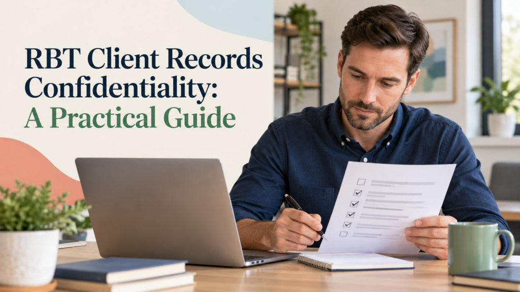 RBT client records confidentiality cover showing a white adult man reviewing a secure records workflow