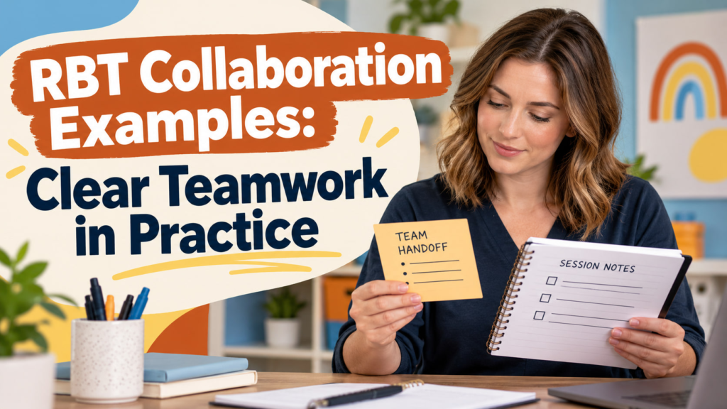 RBT collaboration examples cover showing a white woman reviewing a team handoff card and session notes
