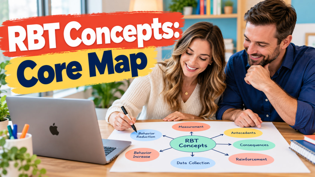 RBT concepts cover showing a white adult woman and white adult man reviewing a concept map beside an Apple laptop
