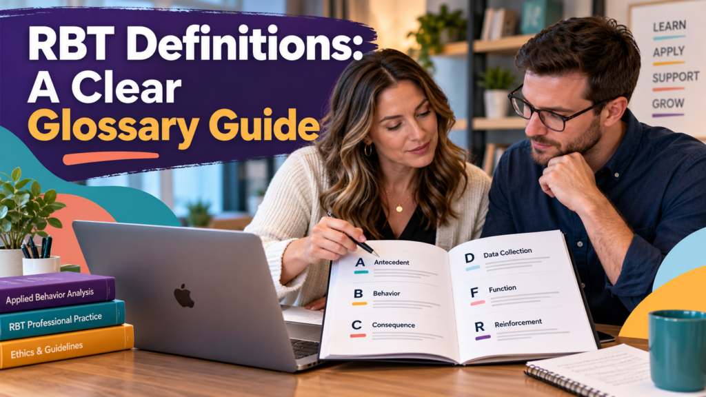 RBT definitions cover showing a white adult woman and white adult man reviewing a glossary beside an Apple laptop