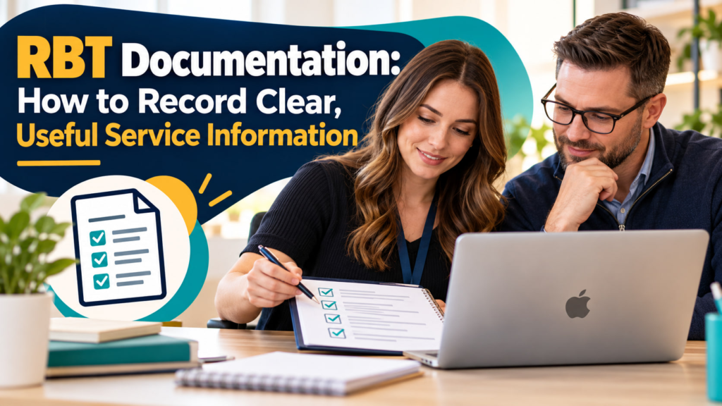 RBT documentation cover showing a white adult woman and white adult man reviewing a clear service information checklist on an