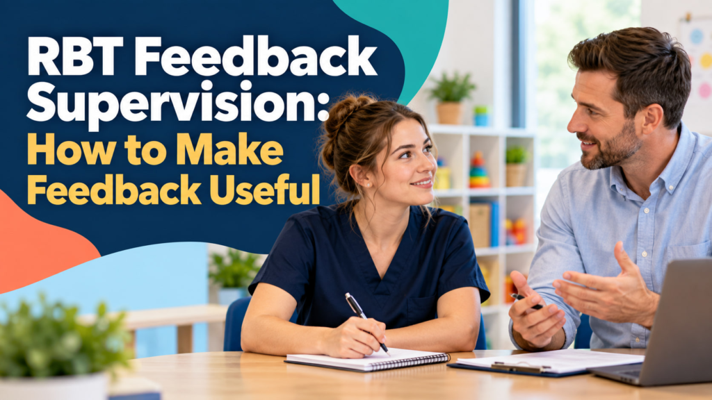 RBT feedback supervision cover showing a white adult woman receiving feedback from a white adult man supervisor