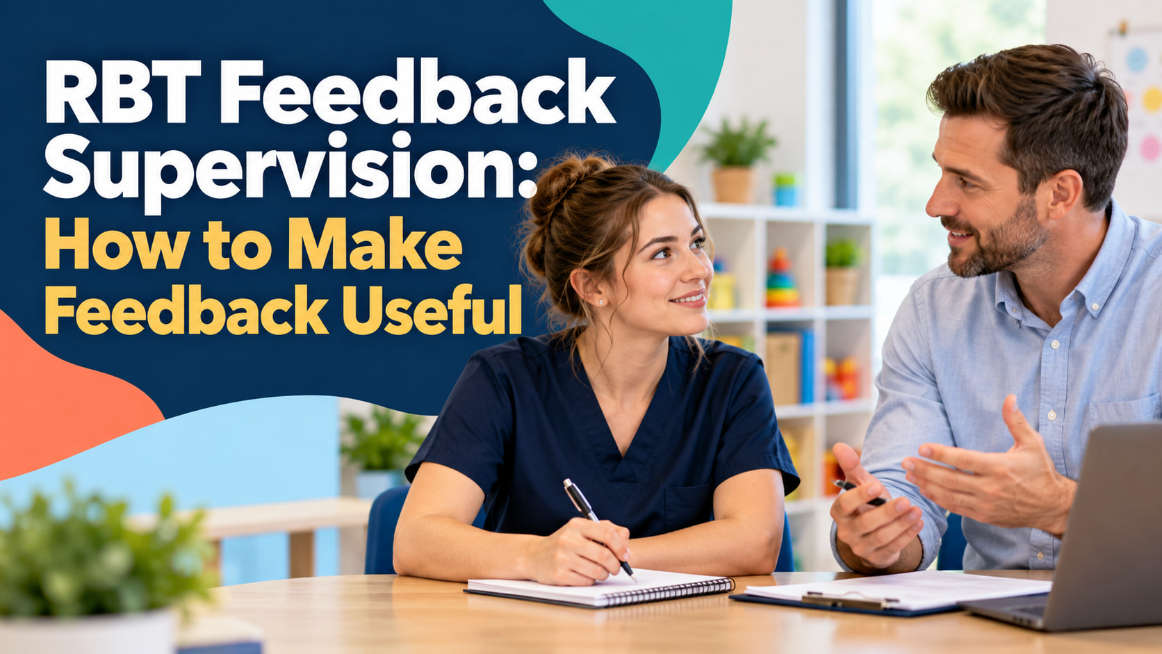RBT feedback supervision cover showing a white adult woman receiving feedback from a white adult man supervisor