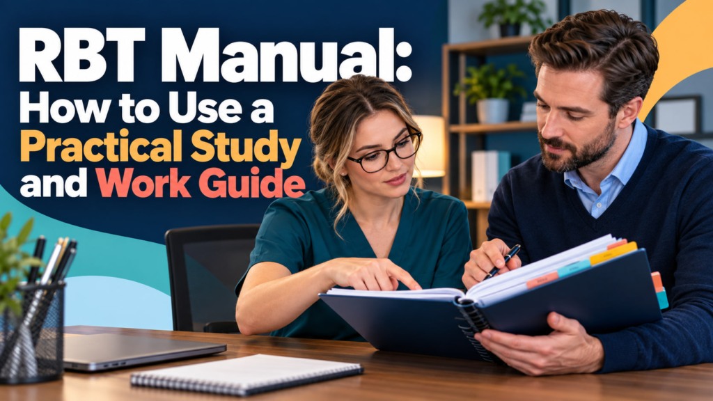 RBT manual cover showing a white adult woman and white adult man reviewing a structured study and work guide