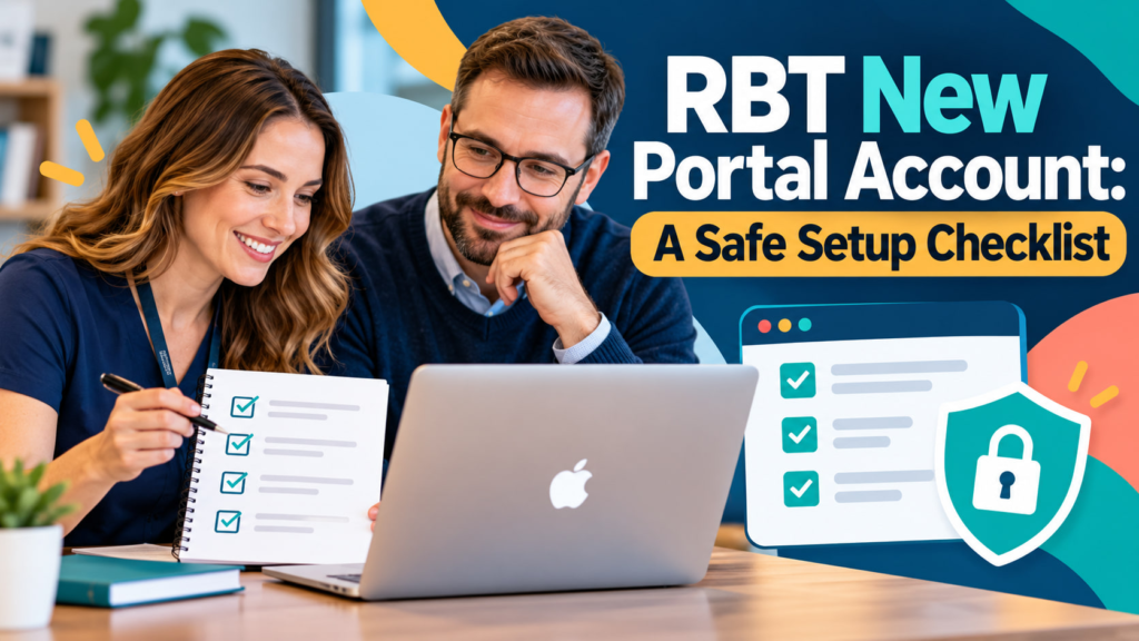 RBT new portal account cover showing a white adult woman and white adult man reviewing a secure account setup checklist on an