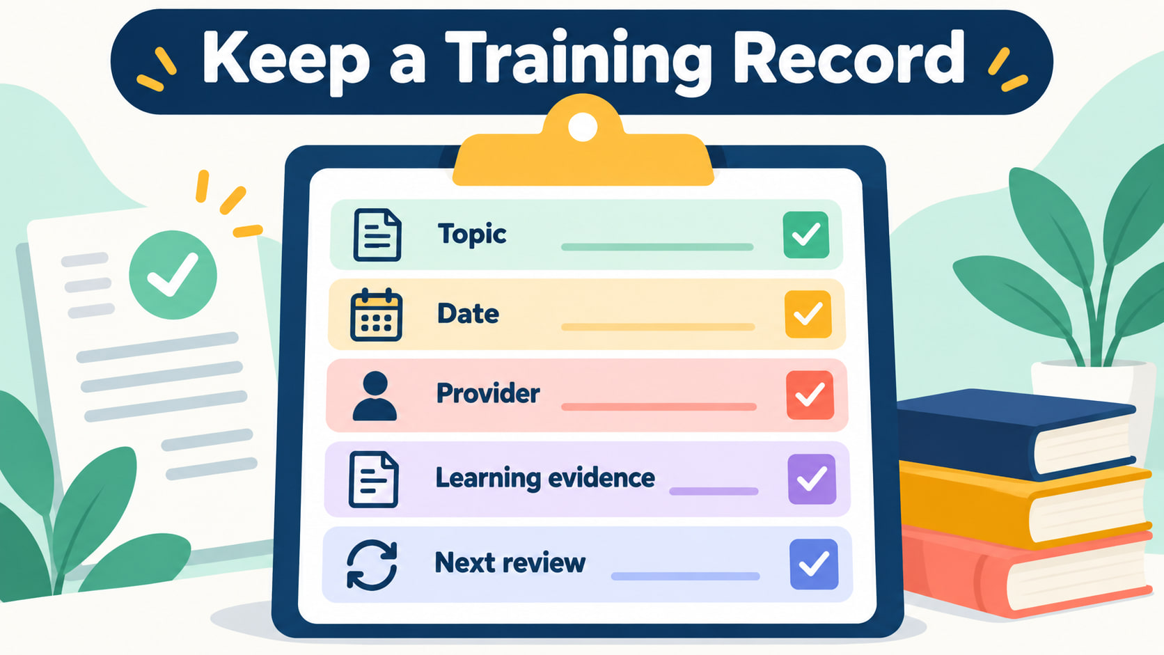 rbt professional development in service checklist - Keep a training record infographic showing topic, date, provider, learnin