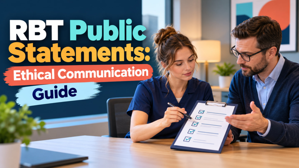 RBT public statements cover showing a white adult woman and white adult man reviewing a public communication checklist