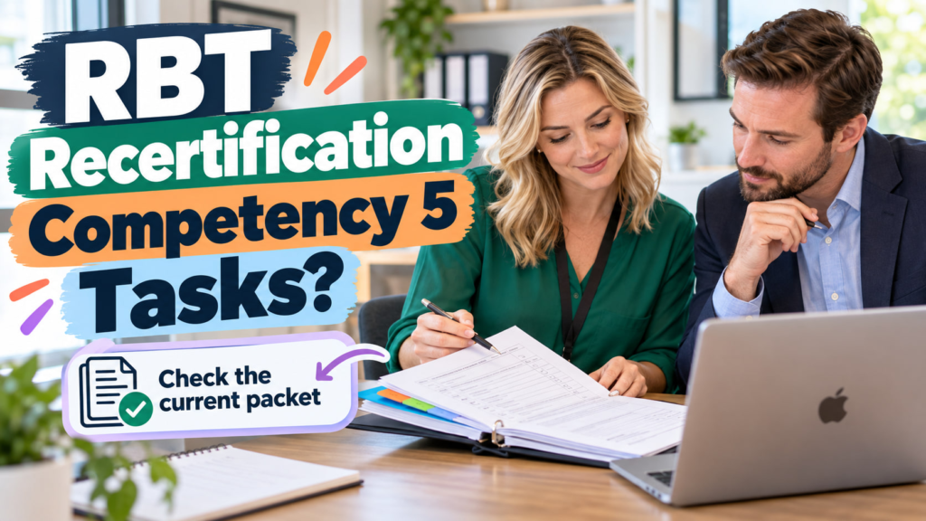 RBT recertification competency 5 tasks cover showing a white adult woman and white adult man reviewing a competency packet be