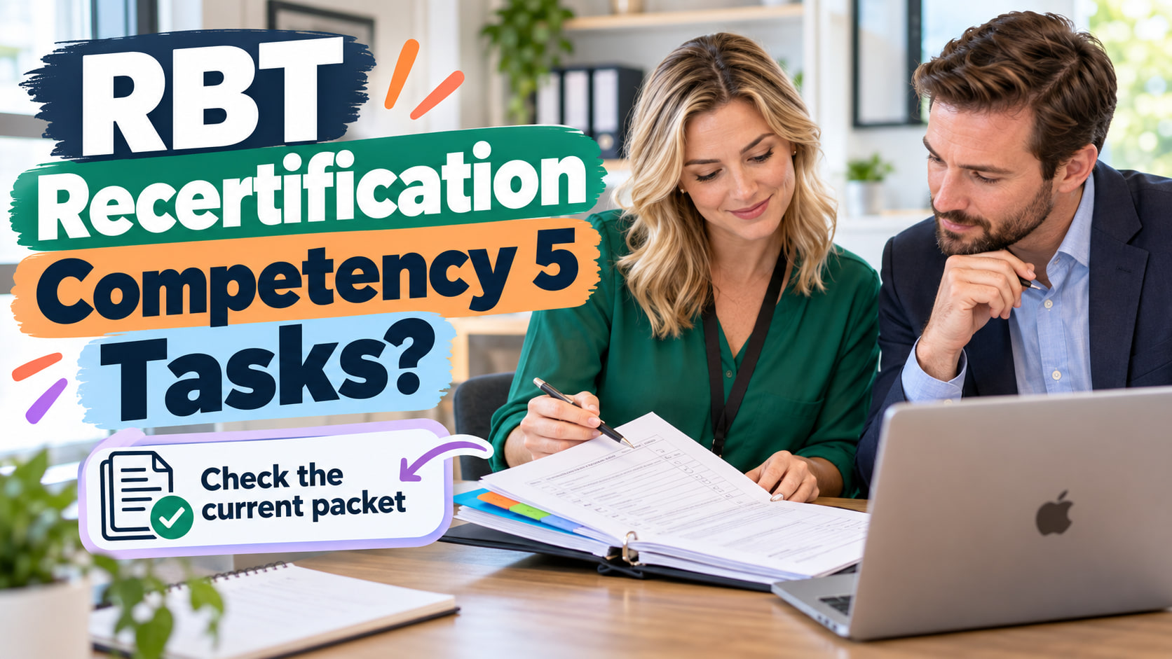RBT recertification competency 5 tasks cover showing a white adult woman and white adult man reviewing a competency packet be