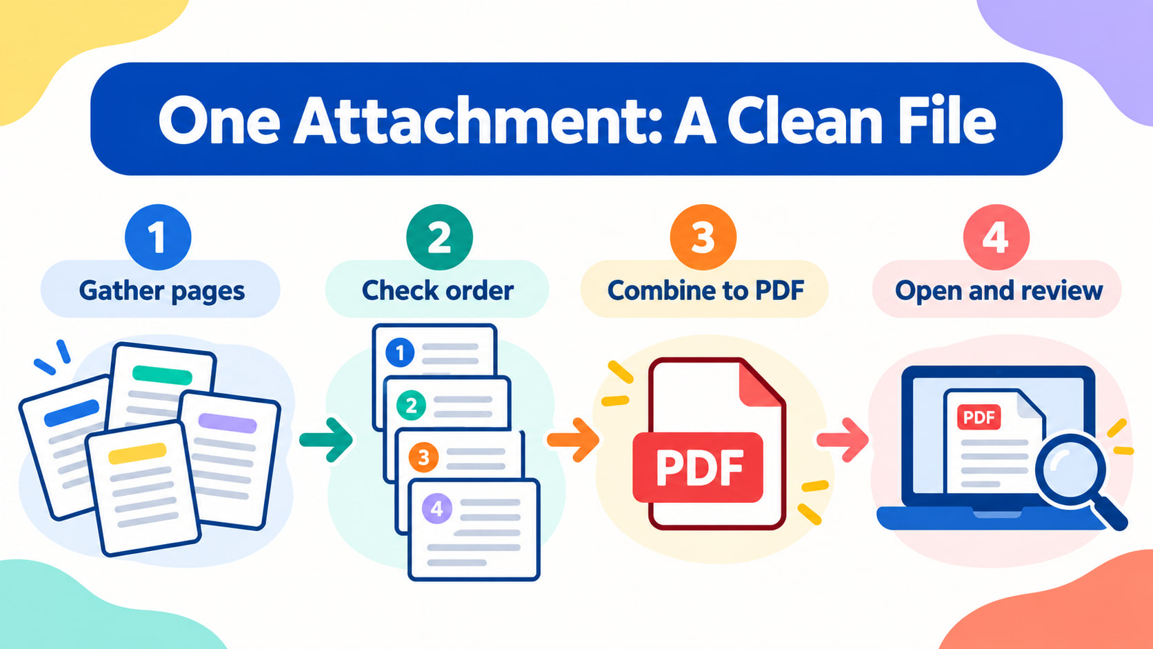 rbt recertification one attachment - One attachment a clean file infographic showing gather pages, check order, combine to PD