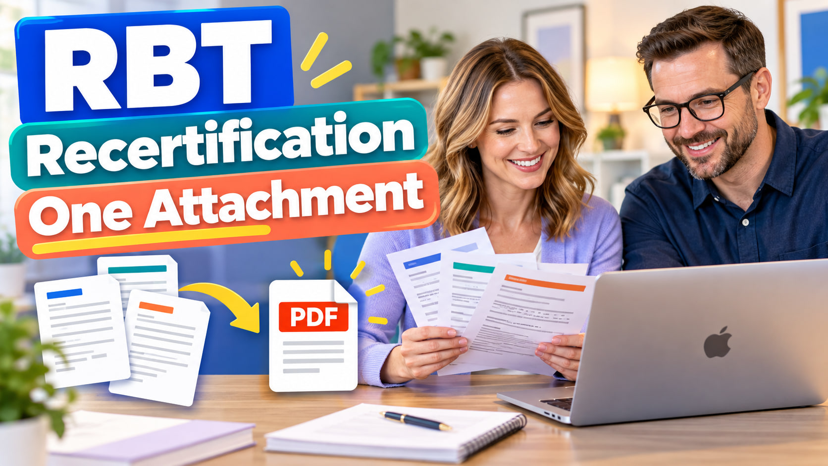 RBT recertification one attachment cover showing a white adult woman and white adult man combining application documents into