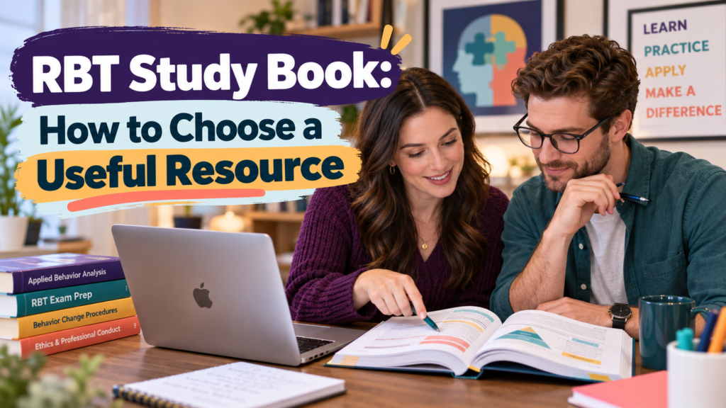 RBT study book cover showing a white adult woman and white adult man studying beside an Apple laptop