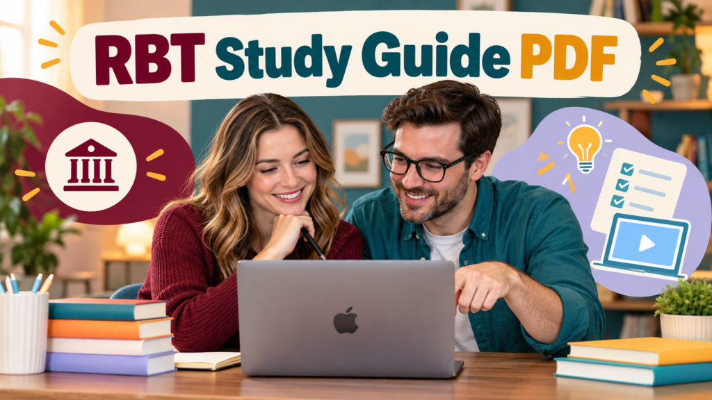 RBT Study Guide PDF cover showing a white adult woman and white adult man reviewing study materials beside an Apple laptop