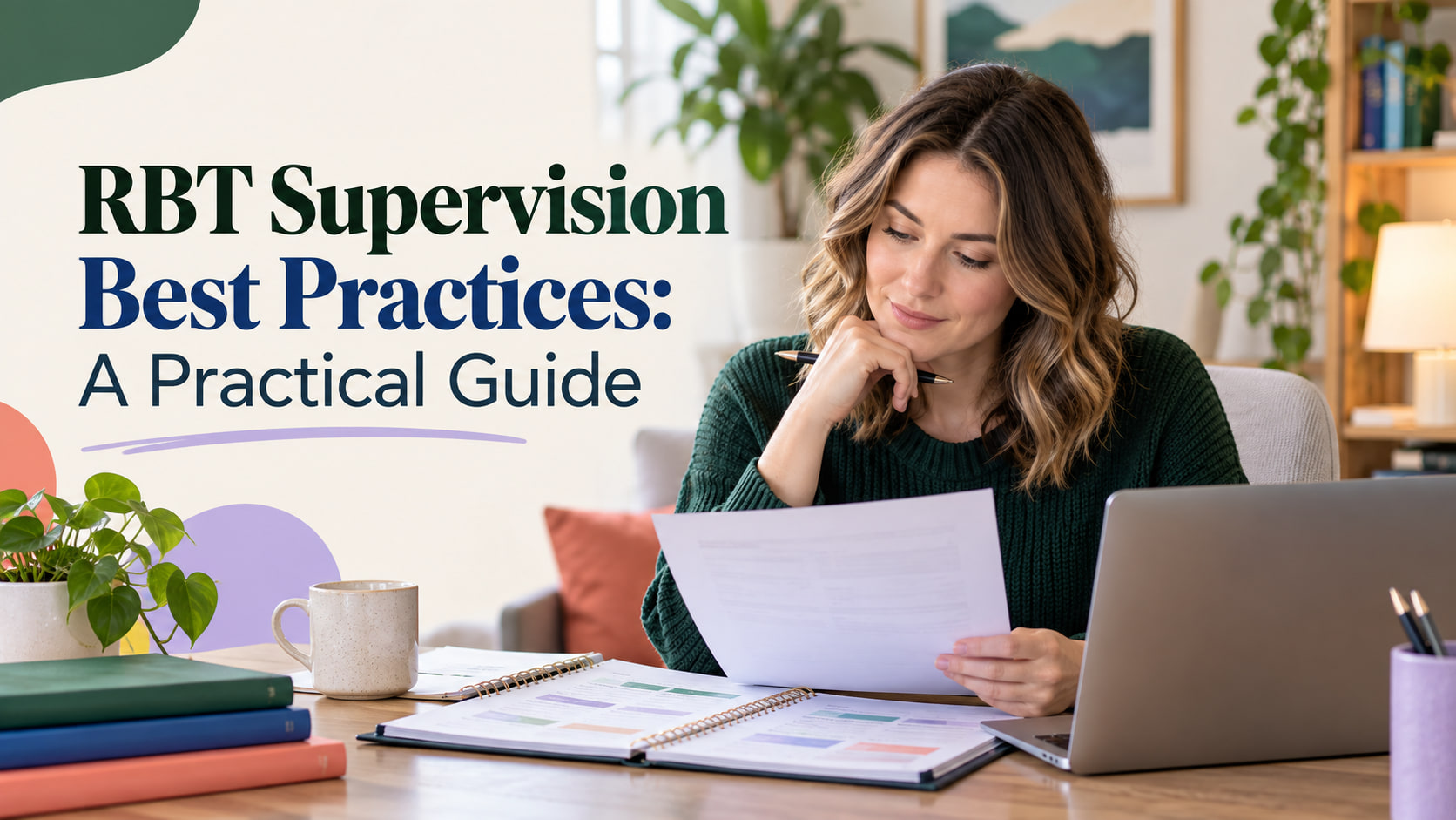 RBT supervision best practices cover showing a white adult woman reviewing a supervision plan and notes