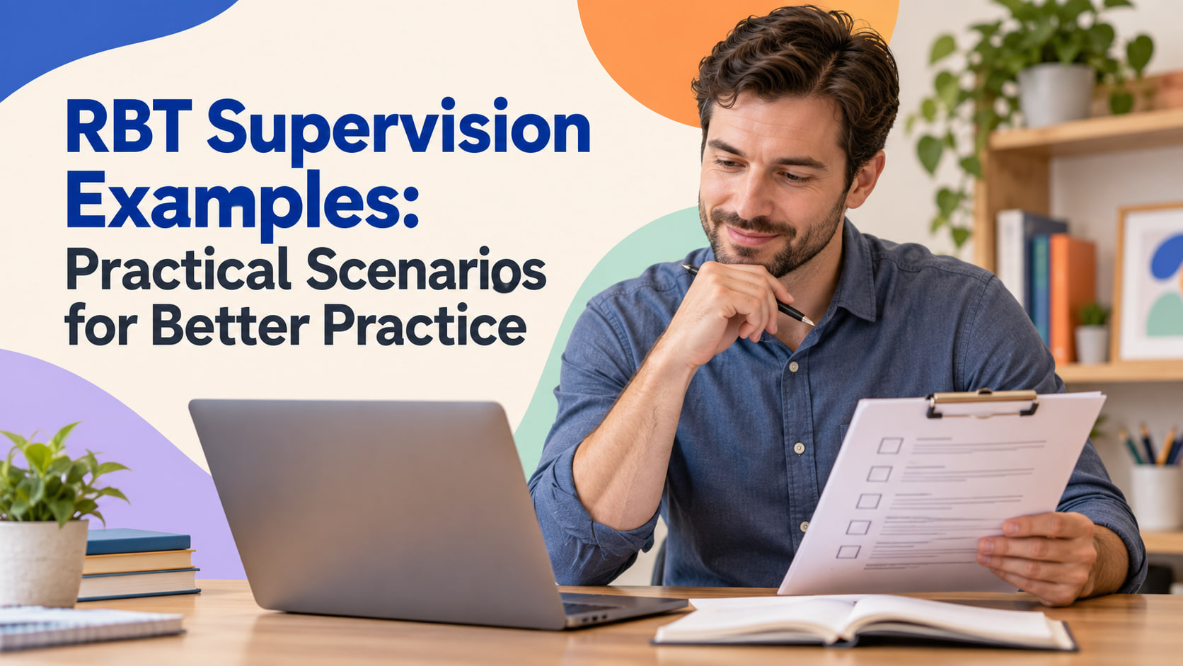 RBT supervision examples cover showing a white adult man reviewing a supervision notes checklist beside a laptop