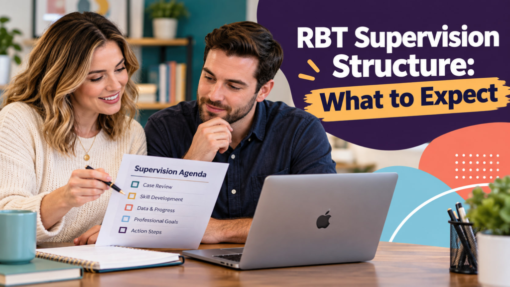 RBT supervision structure cover showing a white adult woman and white adult man reviewing a supervision agenda beside an Appl
