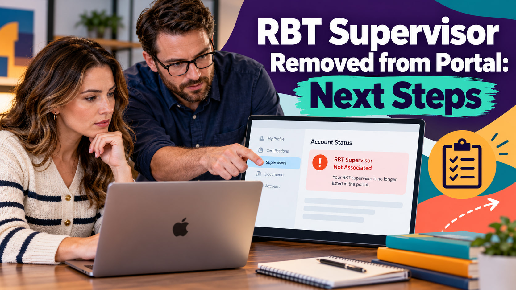 RBT supervisor removed from portal cover showing a white adult woman and white adult man reviewing an account status screen b