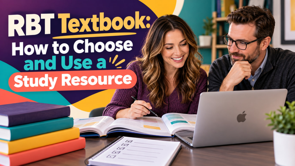 RBT textbook cover showing a white adult woman and white adult man reviewing a study resource on an Apple laptop