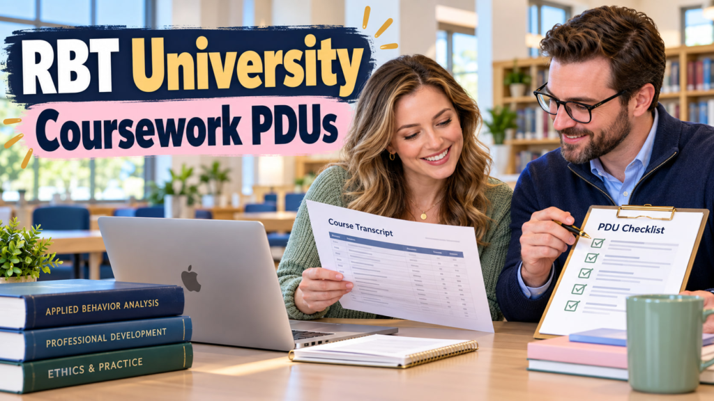 RBT university coursework PDUs cover showing a white adult woman and white adult man reviewing a course transcript beside an