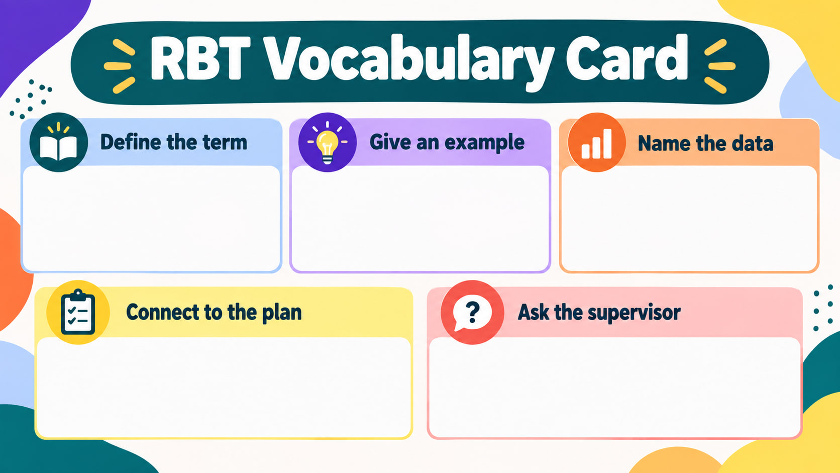 rbt words - RBT Vocabulary Card infographic showing definition, example, data, plan, and supervisor steps