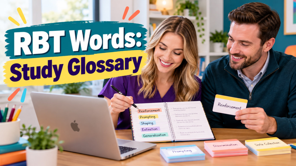 RBT Words cover showing a white adult woman and white adult man studying beside an Apple laptop