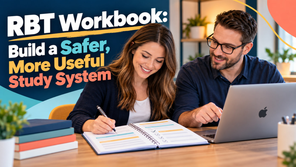 RBT workbook cover showing a white adult woman and white adult man working through a practice checklist on an Apple laptop