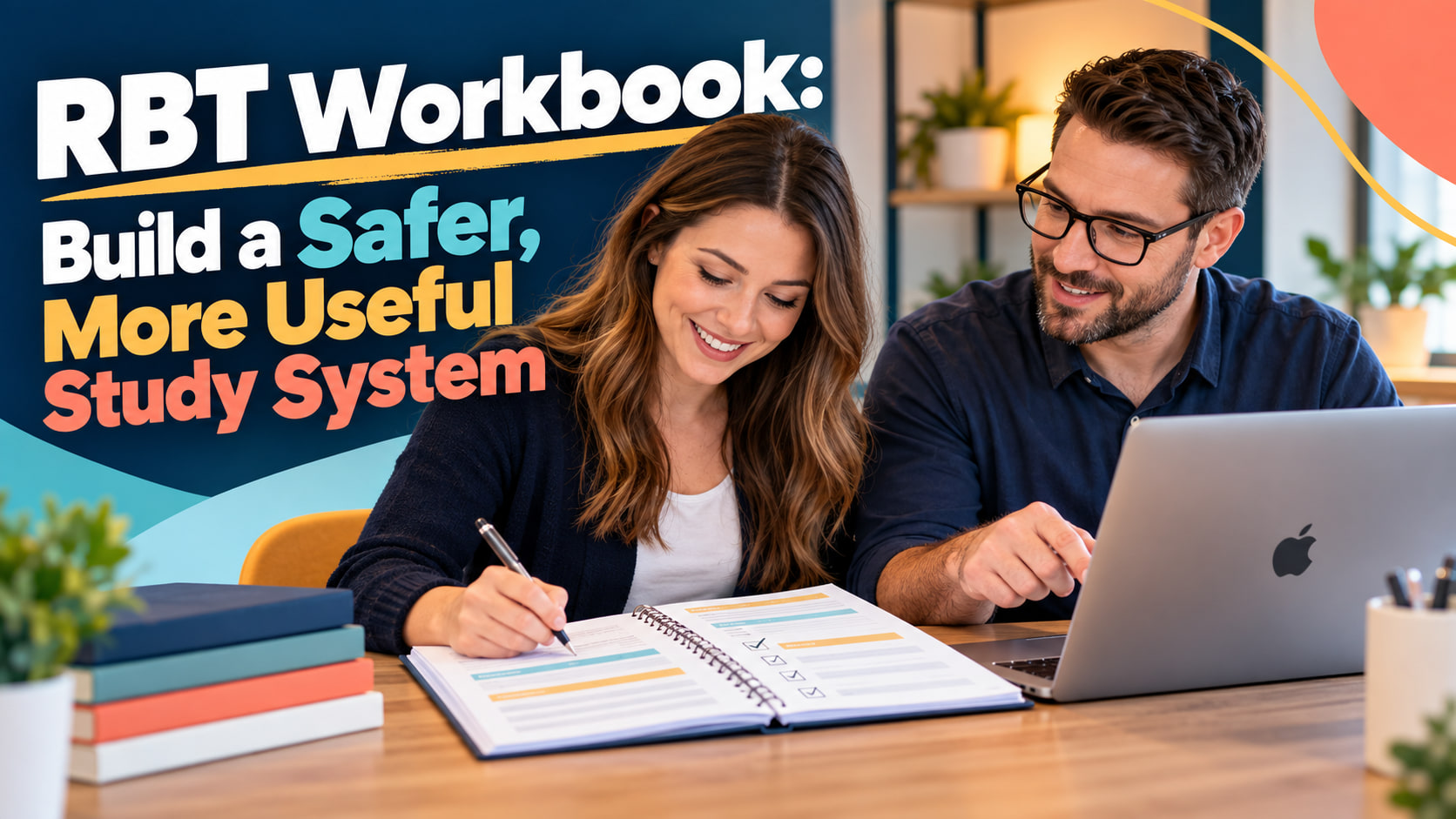 RBT workbook cover showing a white adult woman and white adult man working through a practice checklist on an Apple laptop