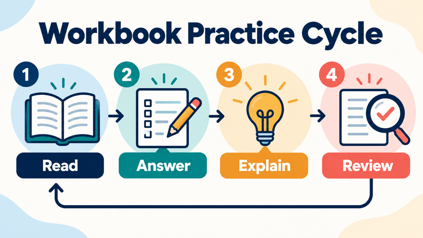 rbt workbook - Workbook practice cycle infographic showing read answer explain and review