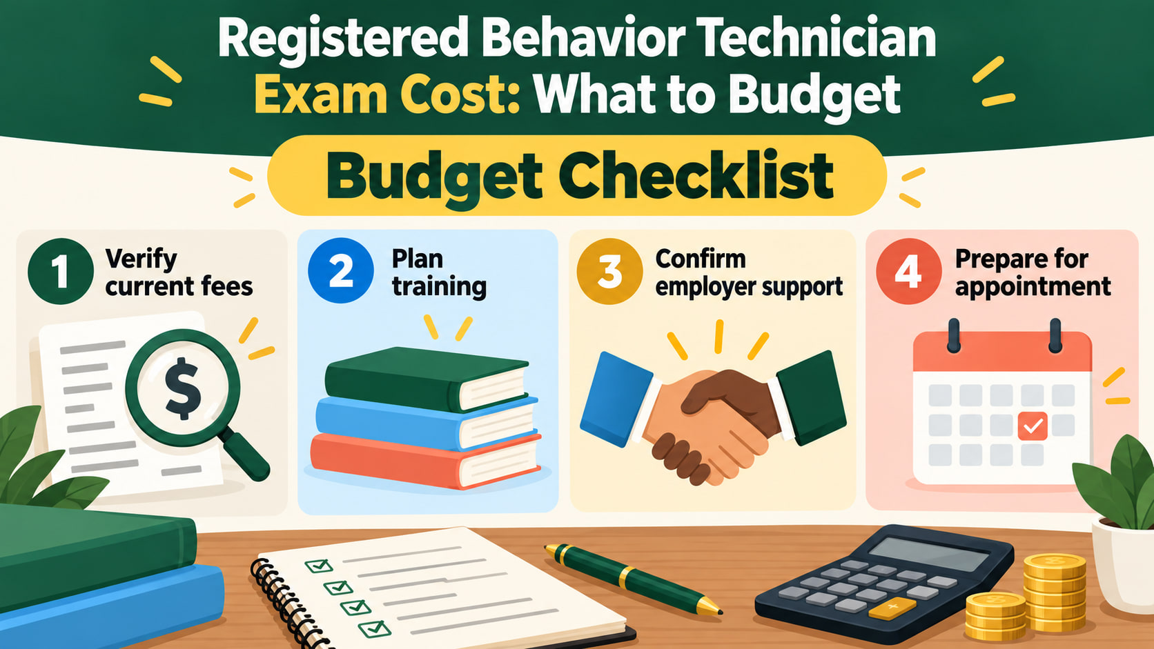 Registered behavior technician exam cost infographic showing a budget checklist verify current fees plan training and confirm