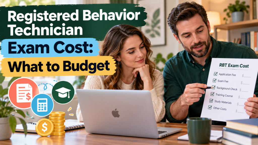 Registered behavior technician exam cost cover showing a white adult woman applicant and white adult man supervisor reviewing