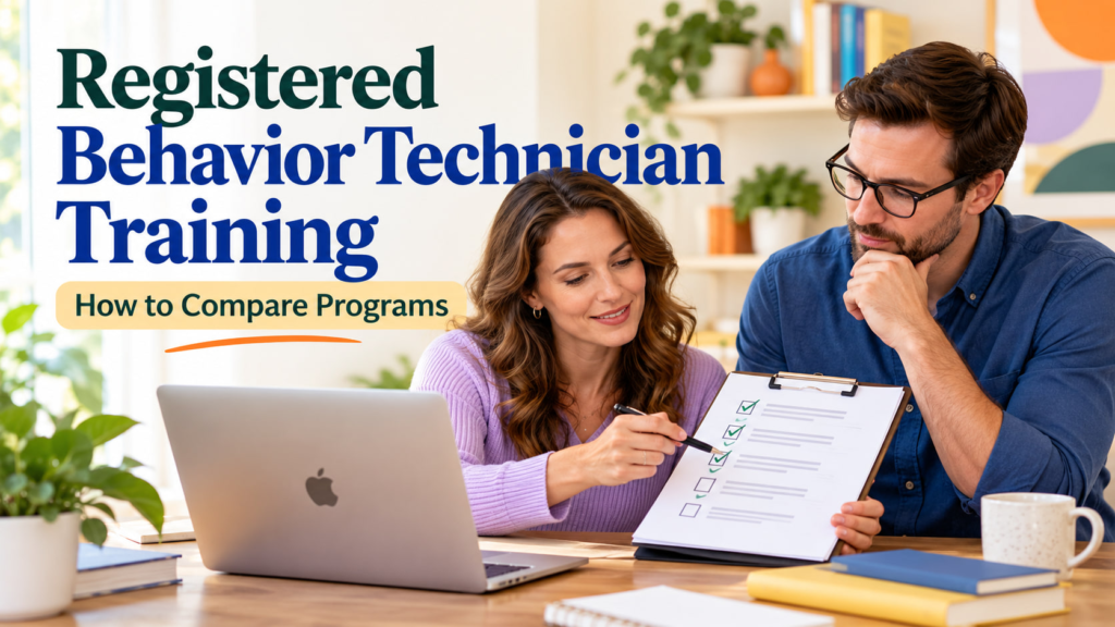 Registered Behavior Technician Training cover showing a white adult woman and white adult man reviewing a checklist beside an