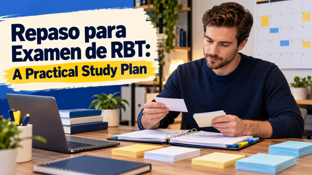 Repaso para examen de RBT study plan with a white adult man organizing review cards and a calendar