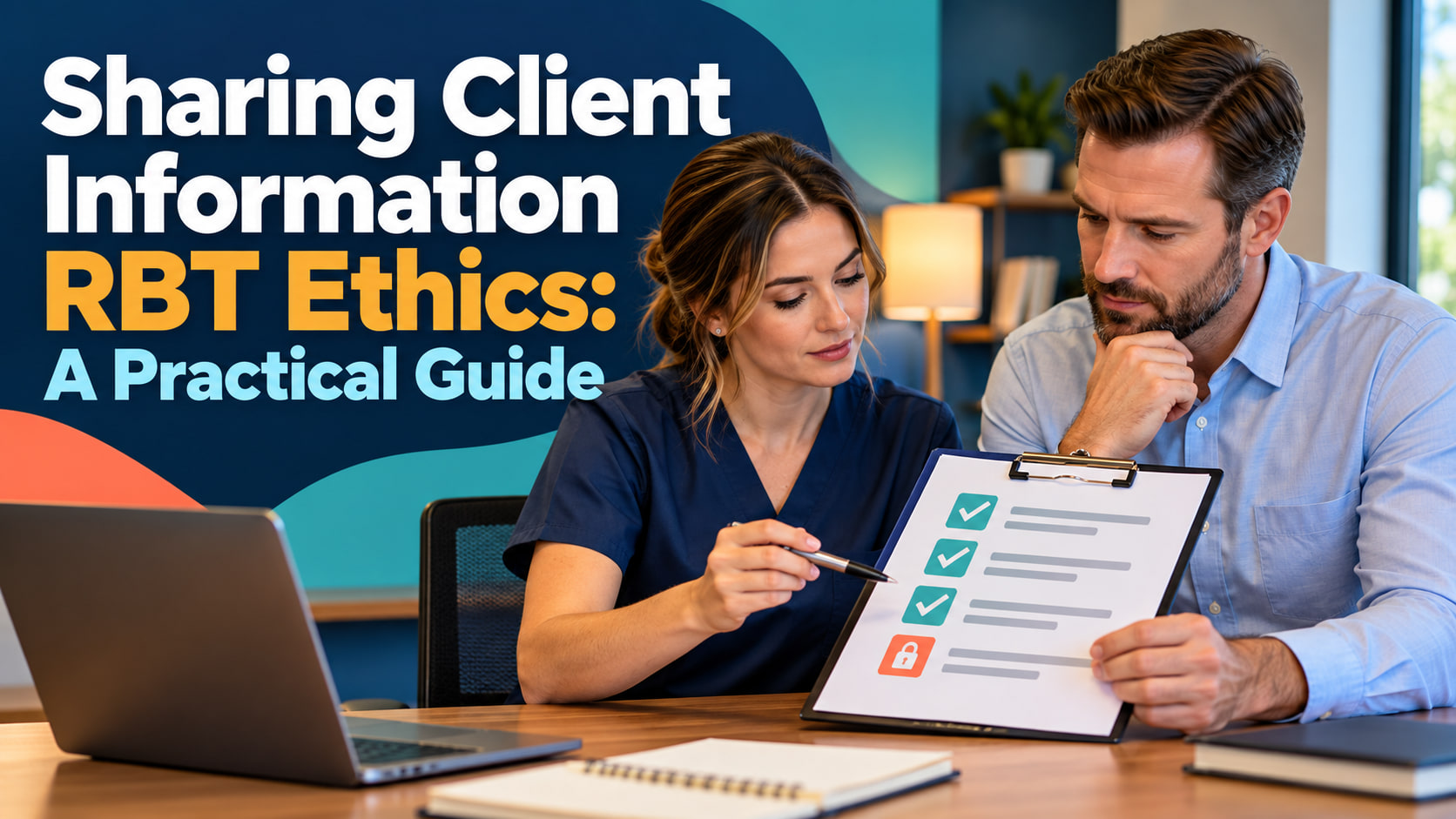 Sharing client information RBT ethics cover showing a white adult woman and white adult man reviewing a privacy checklist