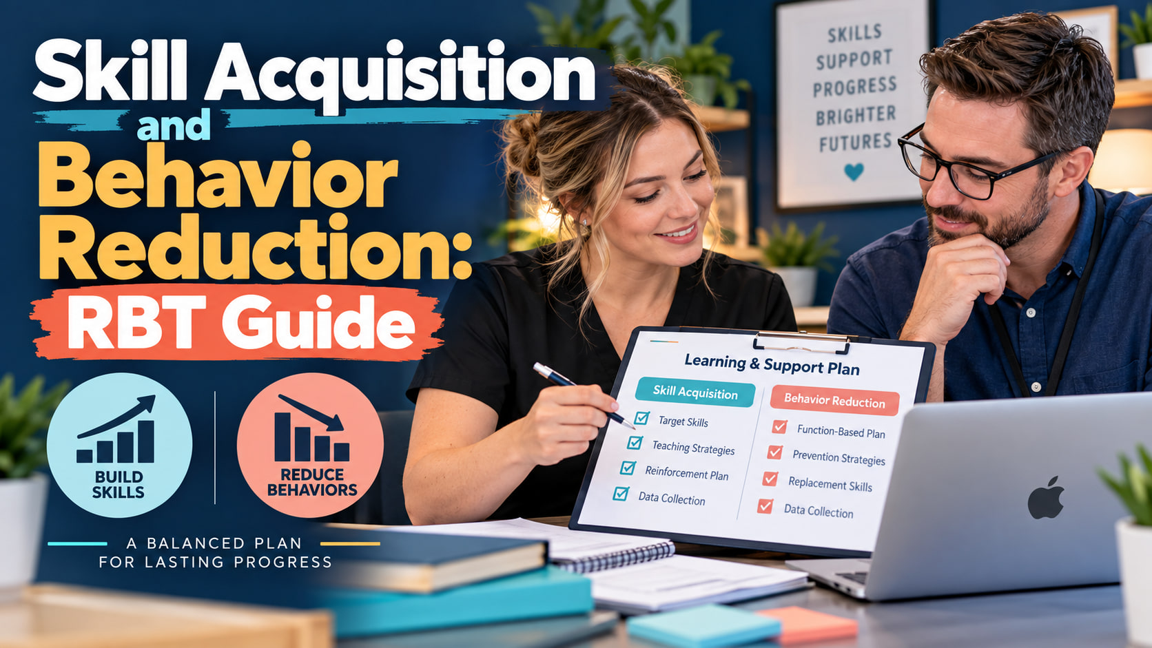 Skill acquisition and behavior reduction infographic showing follow the plan collect objective data and ask before changing