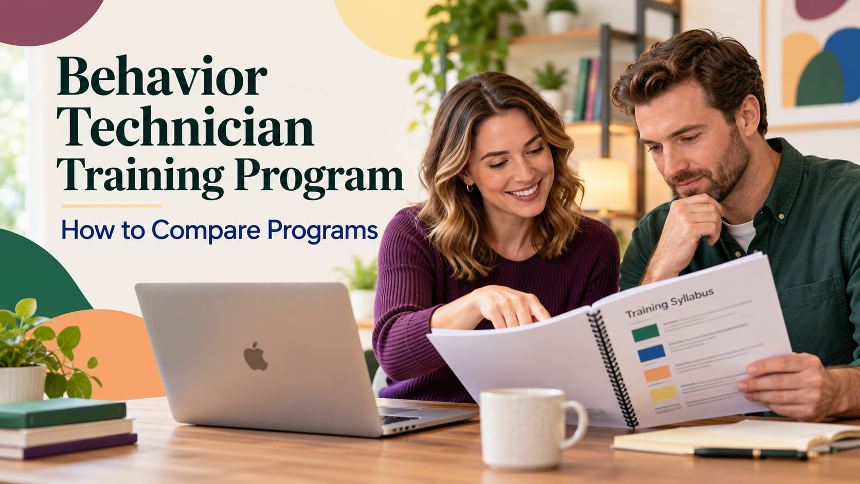 Behavior Technician Training Program cover showing a white adult woman and white adult man reviewing a training syllabus besi