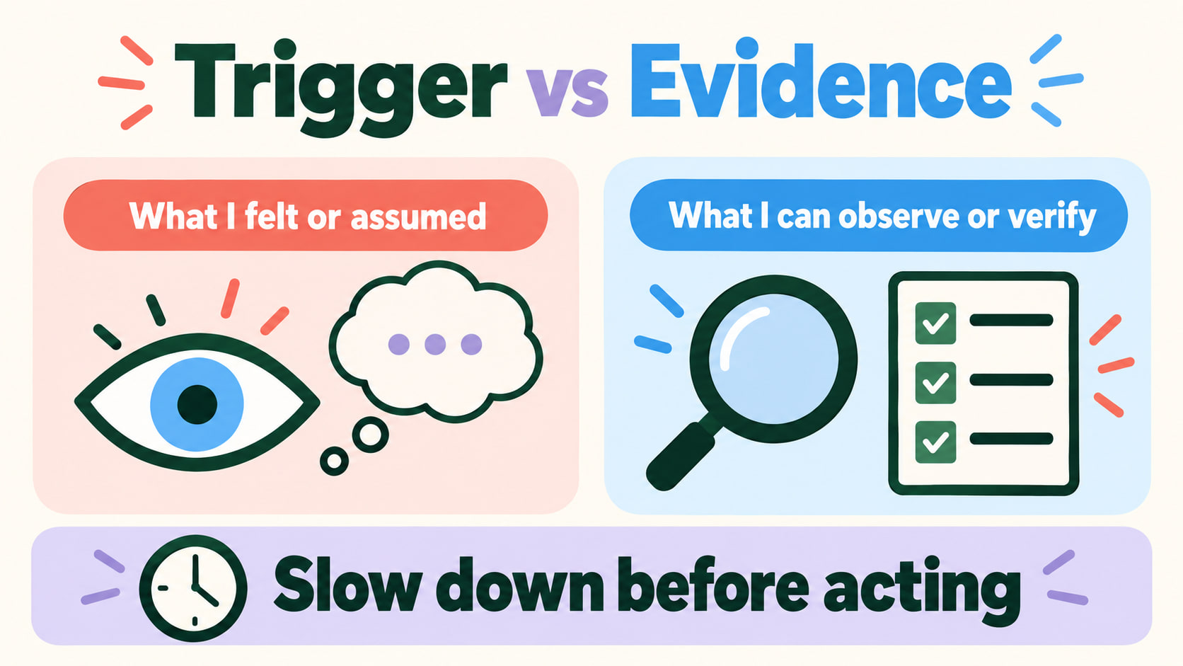 Identify personal biases RBT infographic comparing a trigger with evidence and slowing down before acting