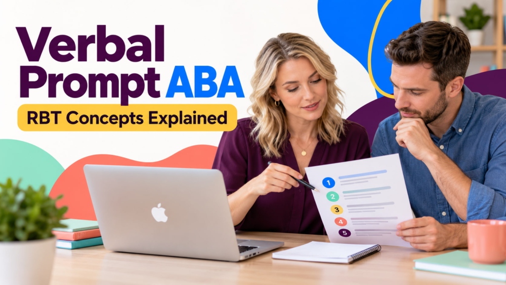 Verbal Prompt ABA cover showing a white adult woman and white adult man studying beside an Apple laptop